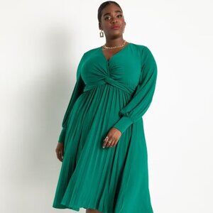 ELOQUII Pleated Knot Front Long Sleeve Dress (PLUS)